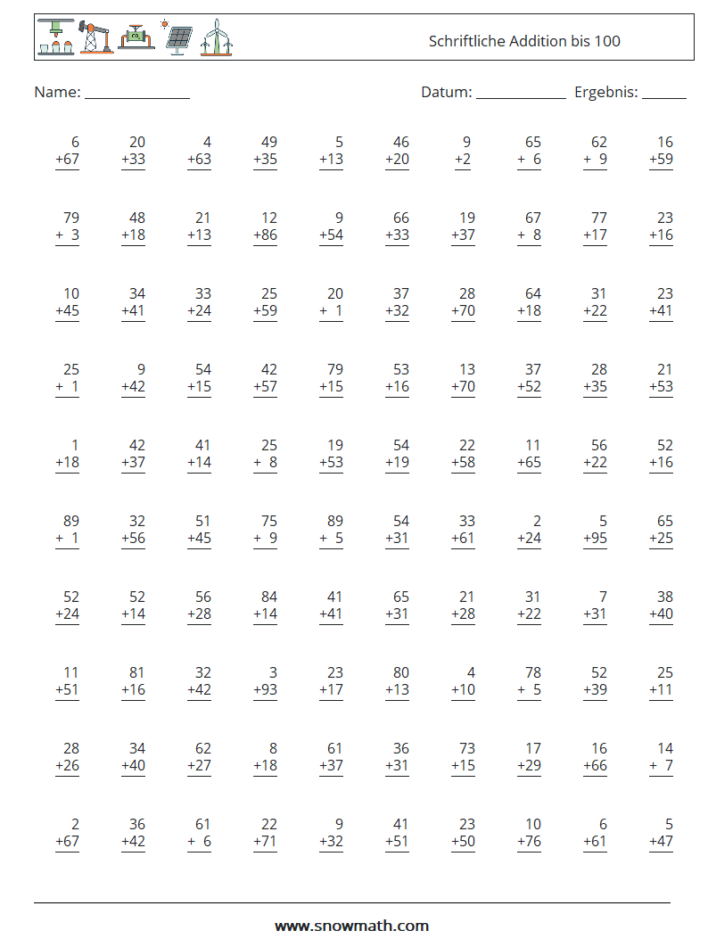 (100) Schriftliche Addition bis 100 Mathe-Arbeitsblätter 11