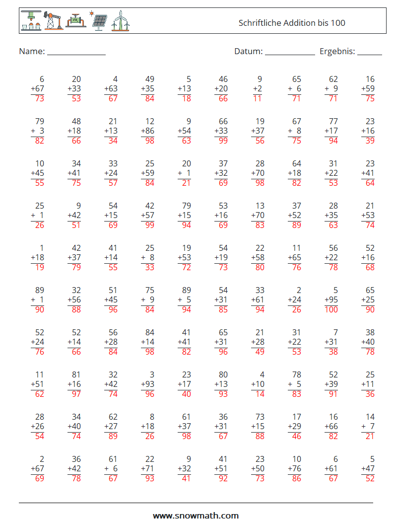 (100) Schriftliche Addition bis 100 Mathe-Arbeitsblätter 11 Frage, Antwort