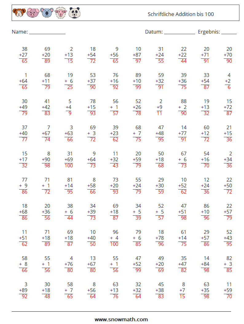 (100) Schriftliche Addition bis 100 Mathe-Arbeitsblätter 12 Frage, Antwort