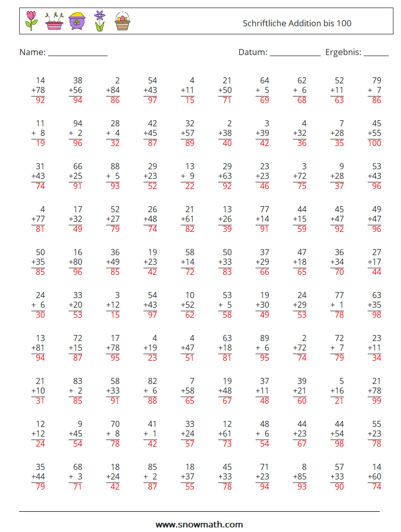 (100) Schriftliche Addition bis 100 Mathe-Arbeitsblätter 13 Frage, Antwort