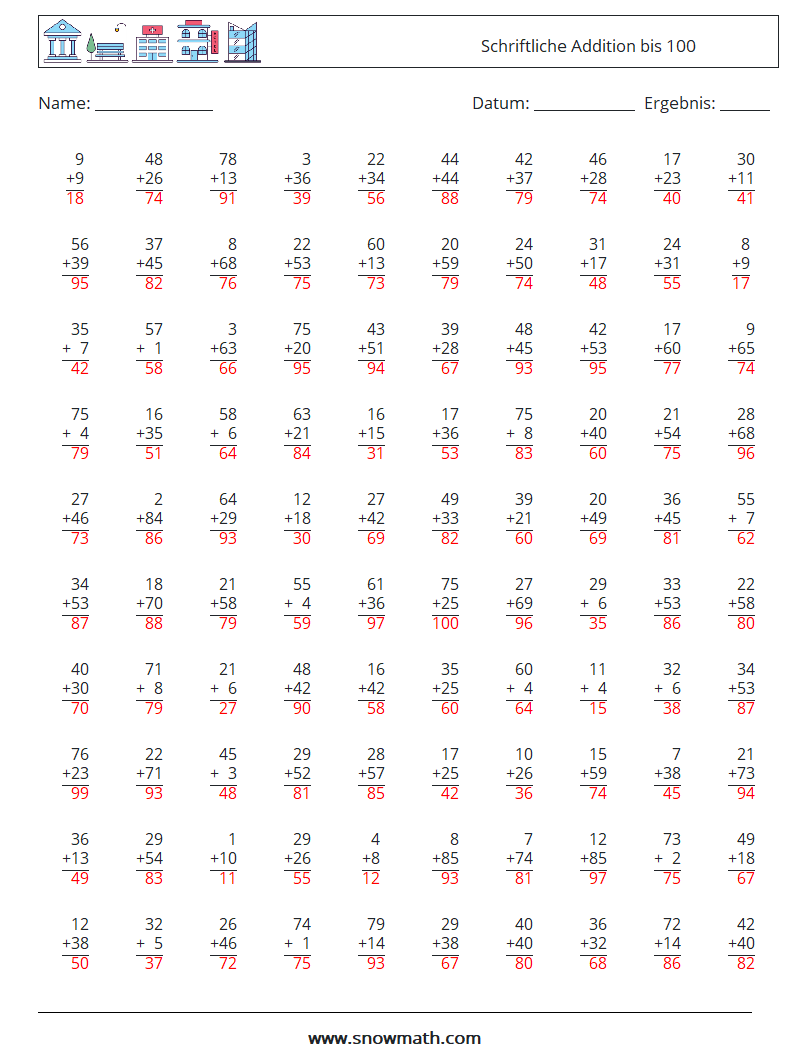 (100) Schriftliche Addition bis 100 Mathe-Arbeitsblätter 14 Frage, Antwort