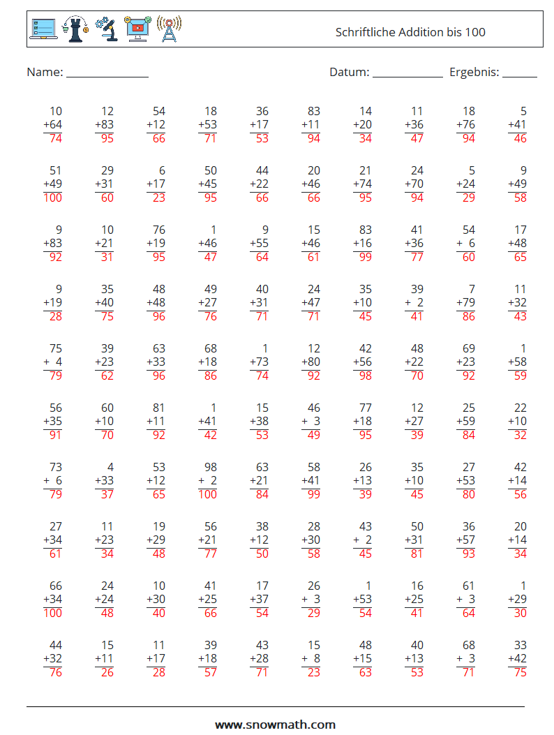 (100) Schriftliche Addition bis 100 Mathe-Arbeitsblätter 17 Frage, Antwort