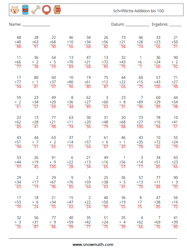 (100) Schriftliche Addition bis 100 Mathe-Arbeitsblätter 18 Frage, Antwort