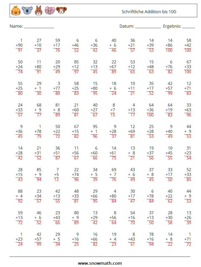 (100) Schriftliche Addition bis 100 Mathe-Arbeitsblätter 1 Frage, Antwort