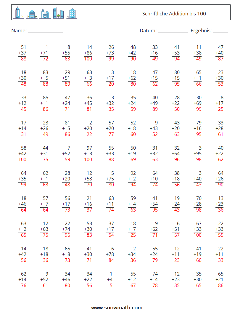 (100) Schriftliche Addition bis 100 Mathe-Arbeitsblätter 2 Frage, Antwort