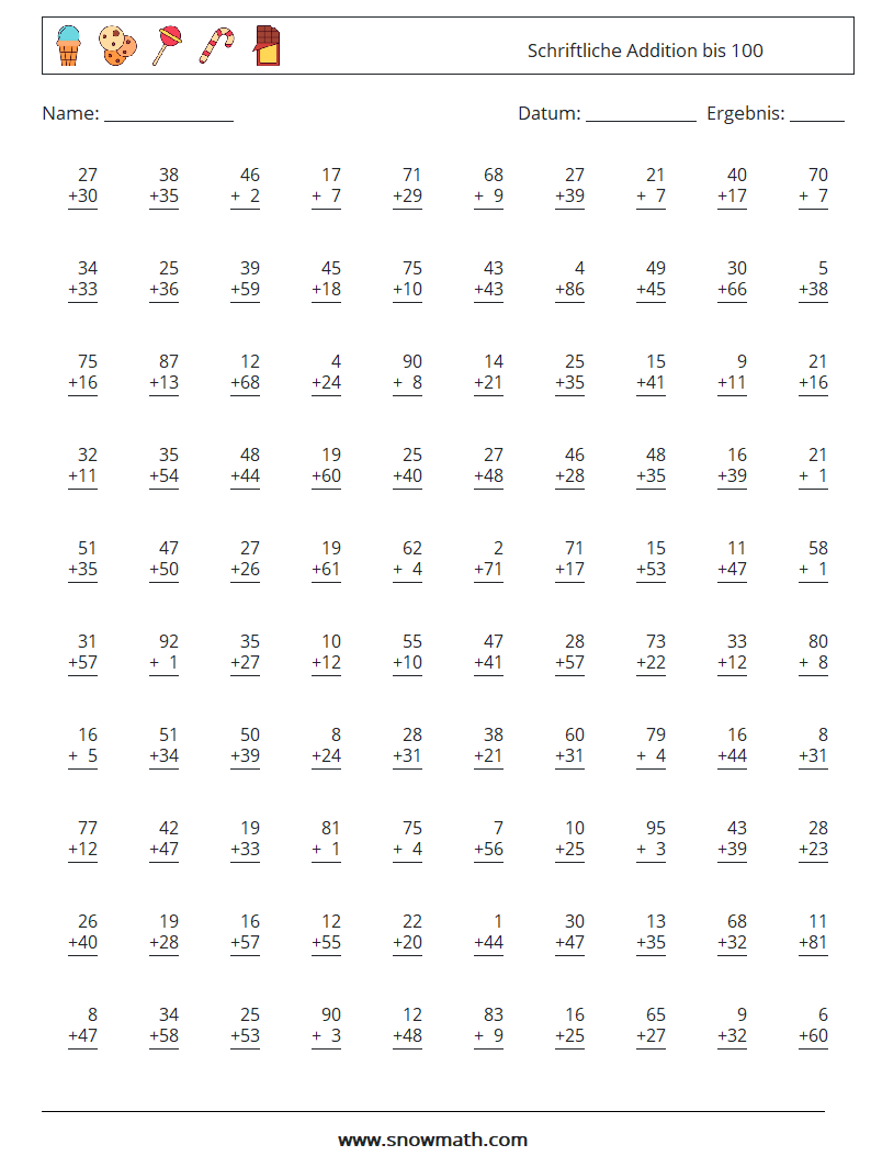 (100) Schriftliche Addition bis 100 Mathe-Arbeitsblätter 3
