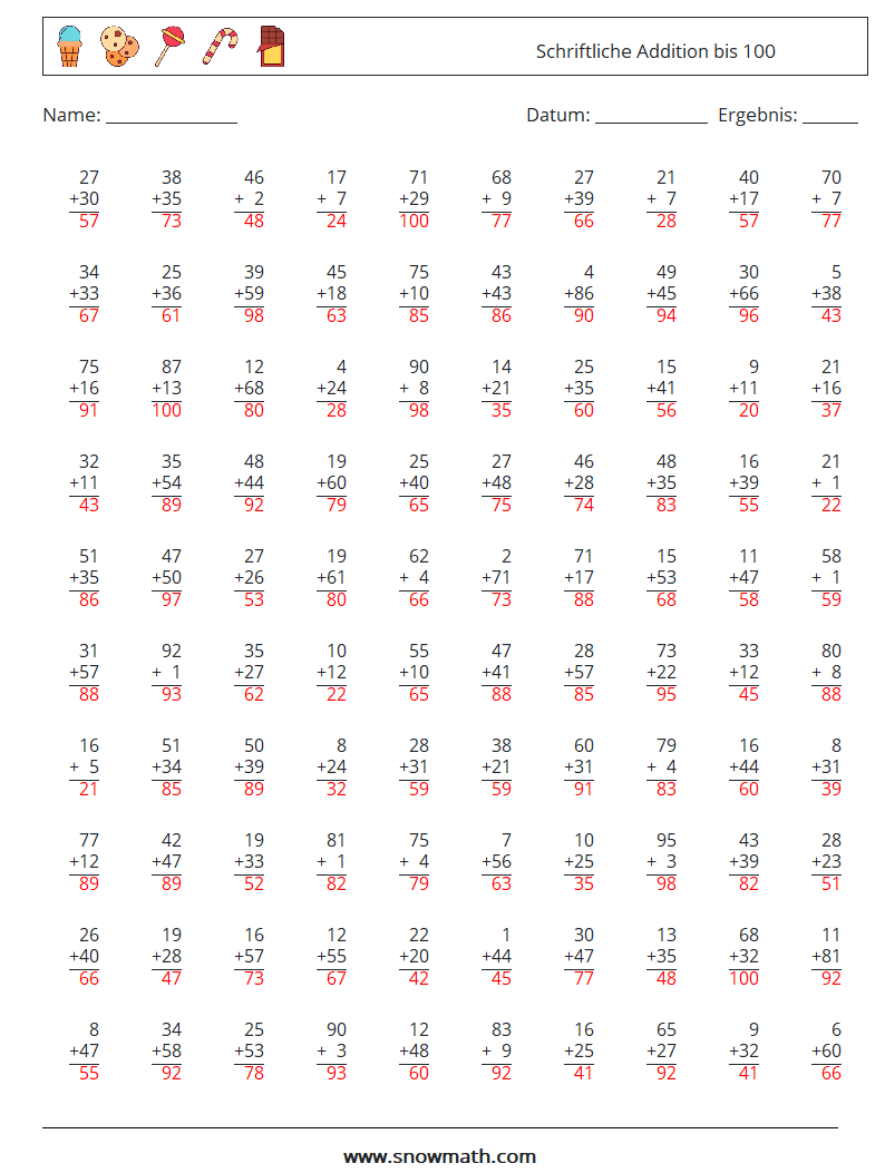 (100) Schriftliche Addition bis 100 Mathe-Arbeitsblätter 3 Frage, Antwort