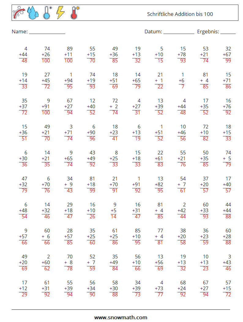 (100) Schriftliche Addition bis 100 Mathe-Arbeitsblätter 4 Frage, Antwort