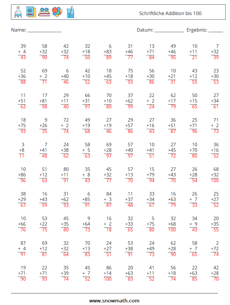 (100) Schriftliche Addition bis 100 Mathe-Arbeitsblätter 5 Frage, Antwort