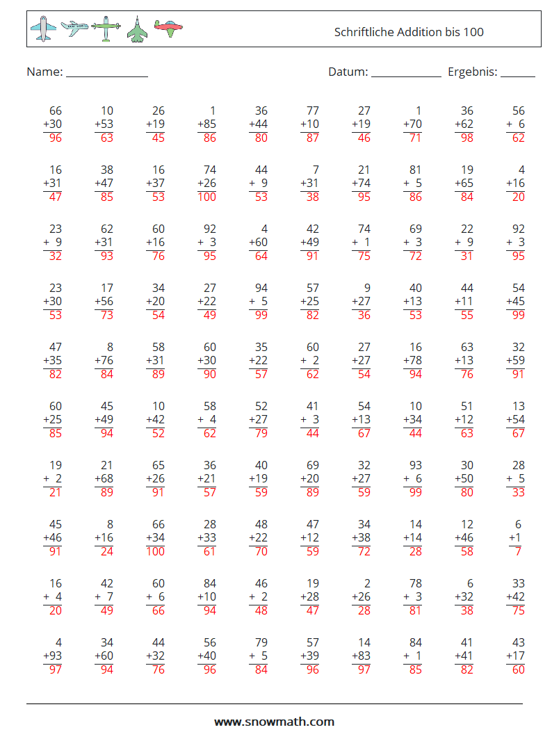 (100) Schriftliche Addition bis 100 Mathe-Arbeitsblätter 6 Frage, Antwort