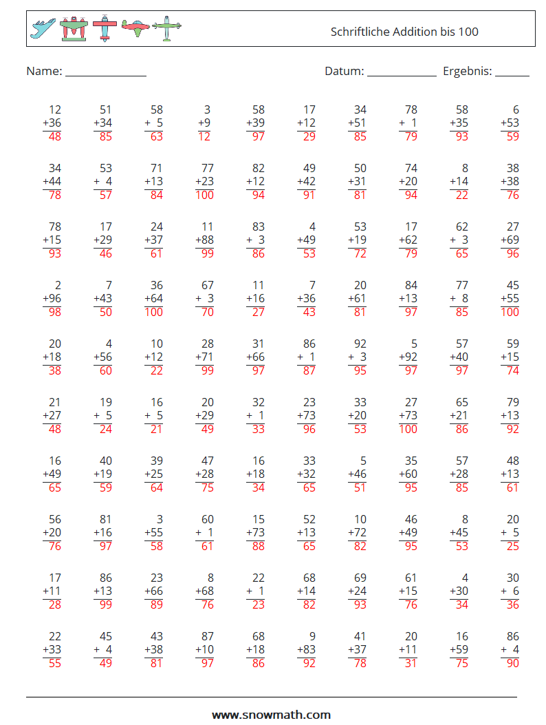 (100) Schriftliche Addition bis 100 Mathe-Arbeitsblätter 7 Frage, Antwort