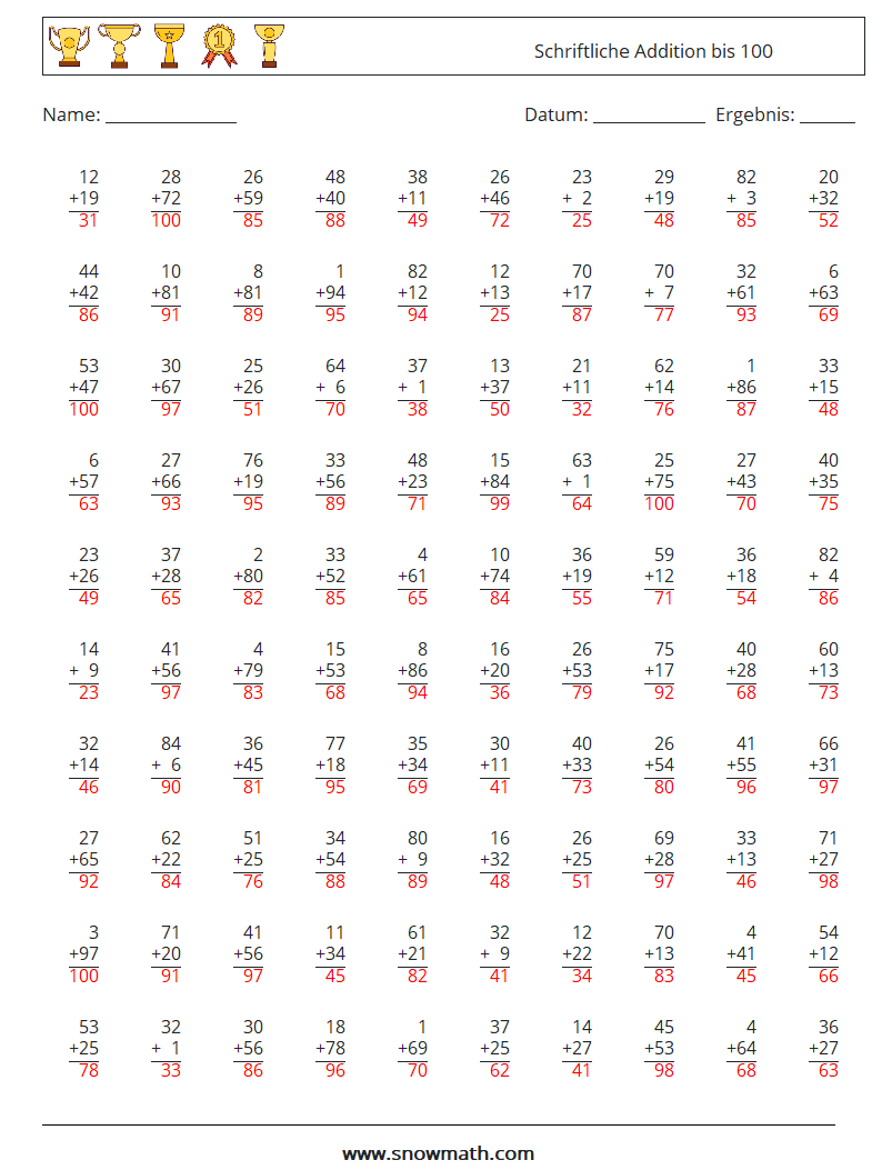 (100) Schriftliche Addition bis 100 Mathe-Arbeitsblätter 8 Frage, Antwort