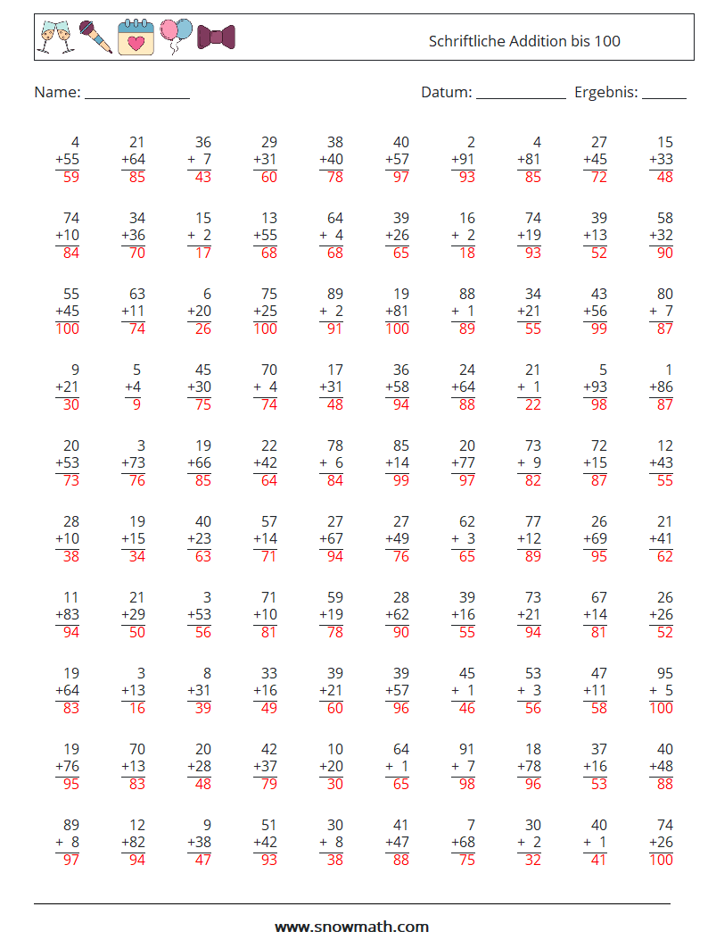 (100) Schriftliche Addition bis 100 Mathe-Arbeitsblätter 9 Frage, Antwort