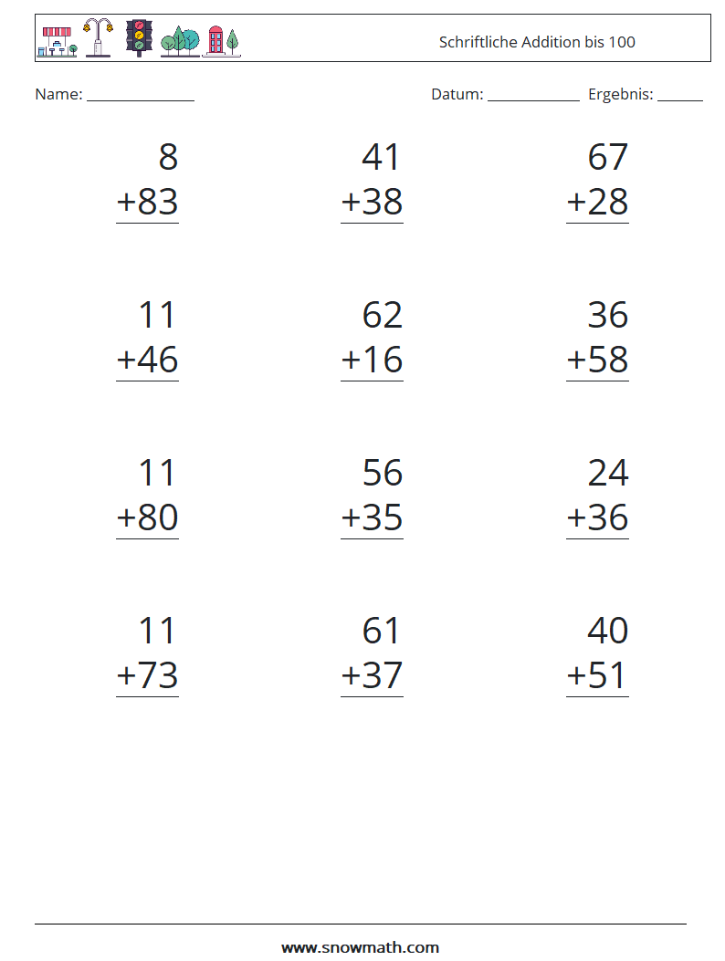 (12) Schriftliche Addition bis 100 Mathe-Arbeitsblätter 1