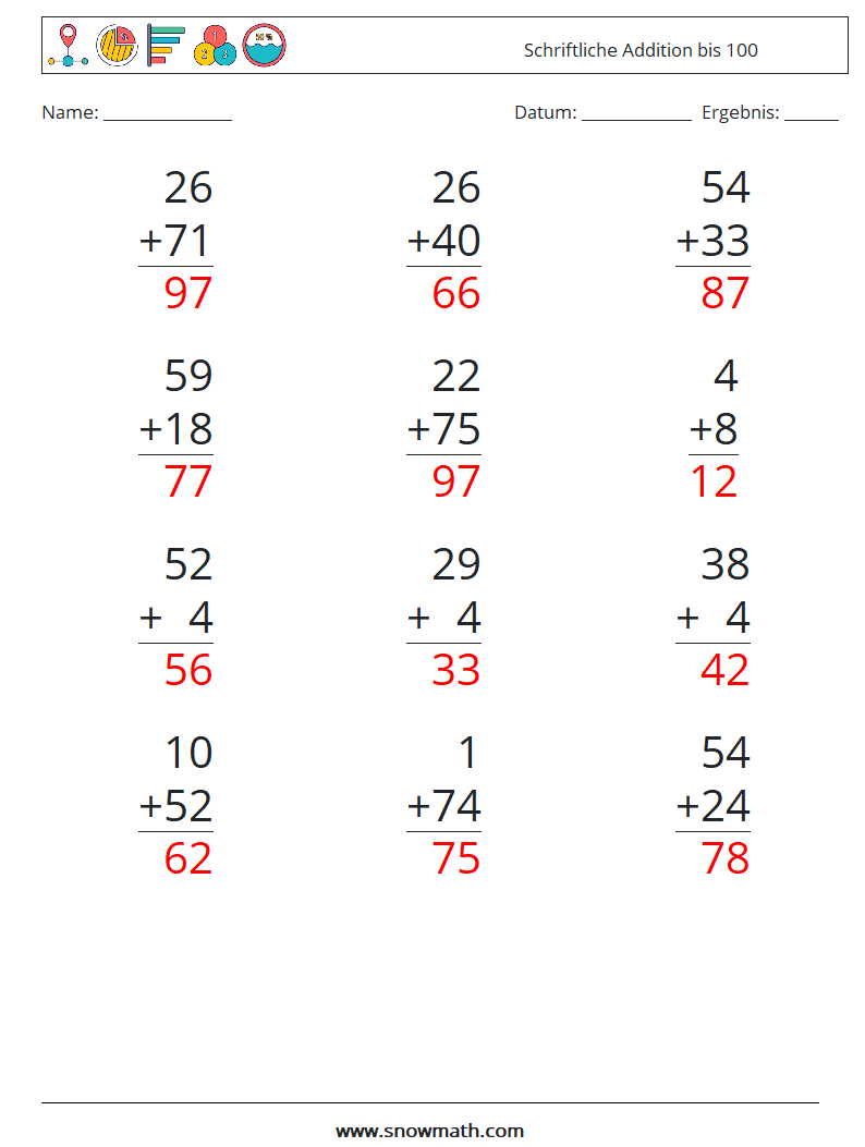 (12) Schriftliche Addition bis 100 Mathe-Arbeitsblätter 12 Frage, Antwort