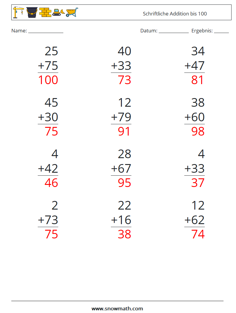 (12) Schriftliche Addition bis 100 Mathe-Arbeitsblätter 13 Frage, Antwort