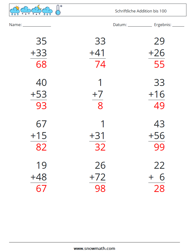 (12) Schriftliche Addition bis 100 Mathe-Arbeitsblätter 15 Frage, Antwort