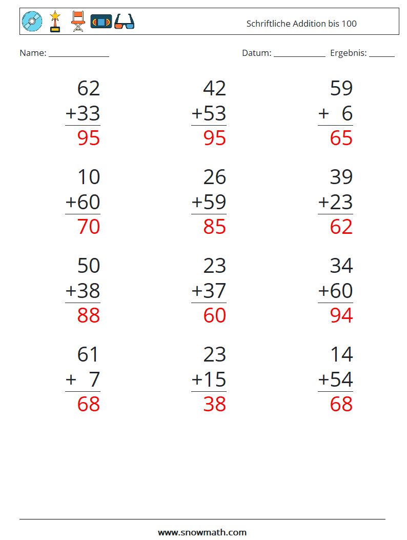 (12) Schriftliche Addition bis 100 Mathe-Arbeitsblätter 18 Frage, Antwort