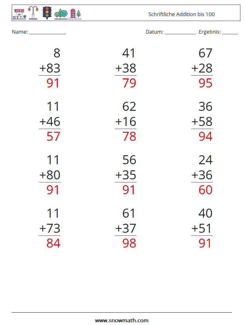 (12) Schriftliche Addition bis 100 Mathe-Arbeitsblätter 1 Frage, Antwort