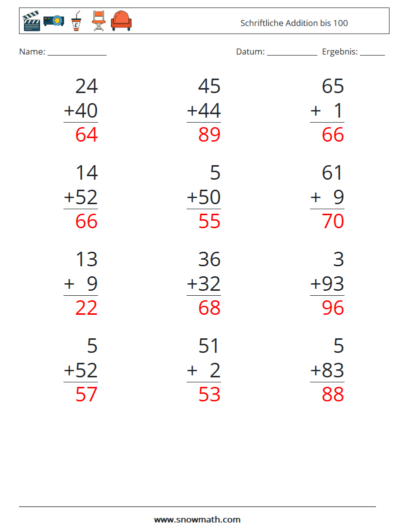 (12) Schriftliche Addition bis 100 Mathe-Arbeitsblätter 2 Frage, Antwort