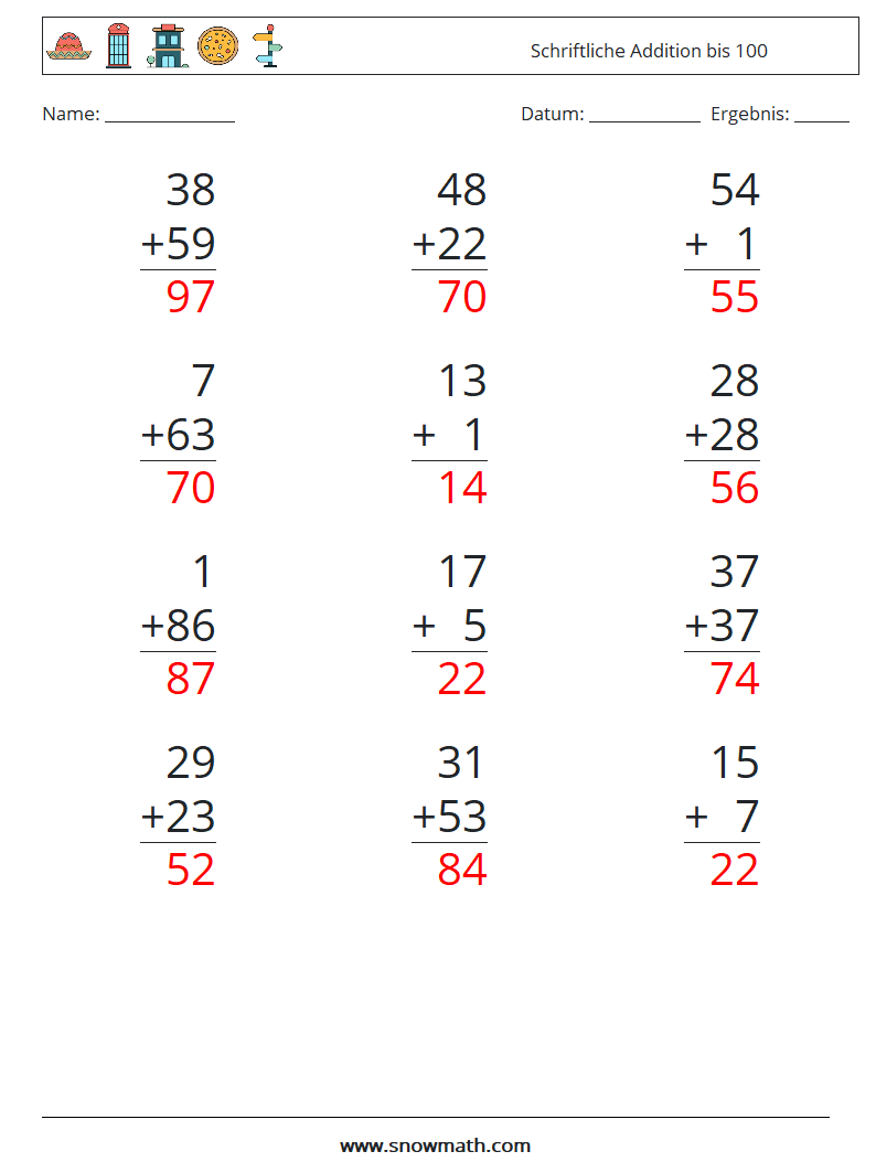 (12) Schriftliche Addition bis 100 Mathe-Arbeitsblätter 3 Frage, Antwort