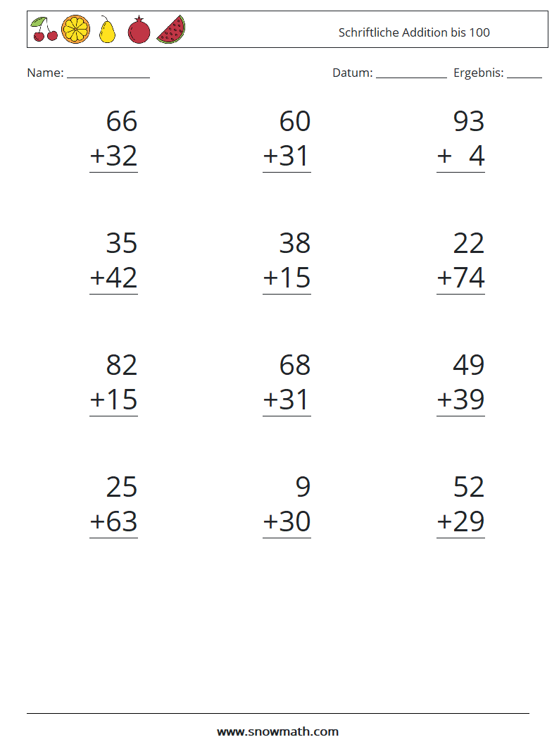 (12) Schriftliche Addition bis 100 Mathe-Arbeitsblätter 4