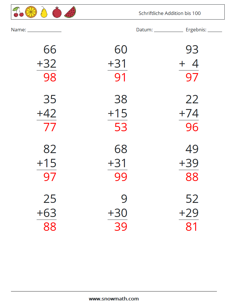 (12) Schriftliche Addition bis 100 Mathe-Arbeitsblätter 4 Frage, Antwort