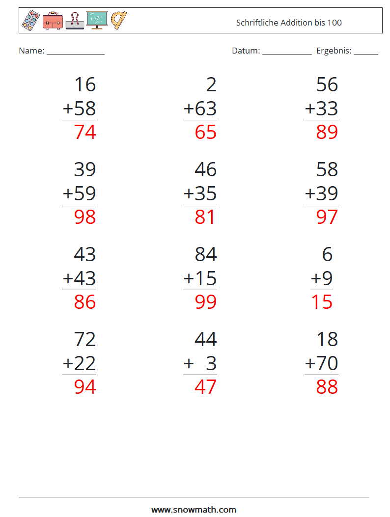 (12) Schriftliche Addition bis 100 Mathe-Arbeitsblätter 5 Frage, Antwort