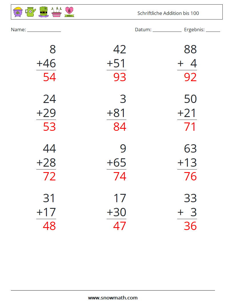 (12) Schriftliche Addition bis 100 Mathe-Arbeitsblätter 6 Frage, Antwort