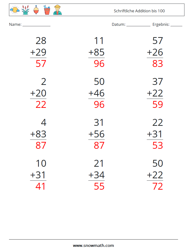 (12) Schriftliche Addition bis 100 Mathe-Arbeitsblätter 7 Frage, Antwort