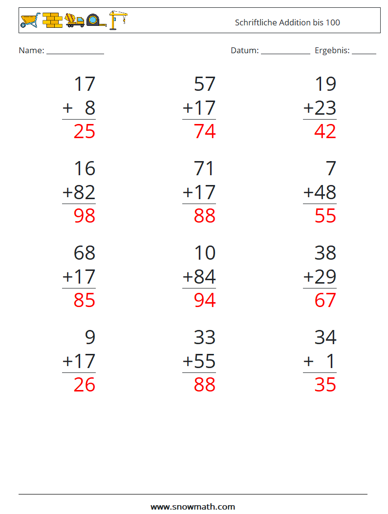 (12) Schriftliche Addition bis 100 Mathe-Arbeitsblätter 8 Frage, Antwort