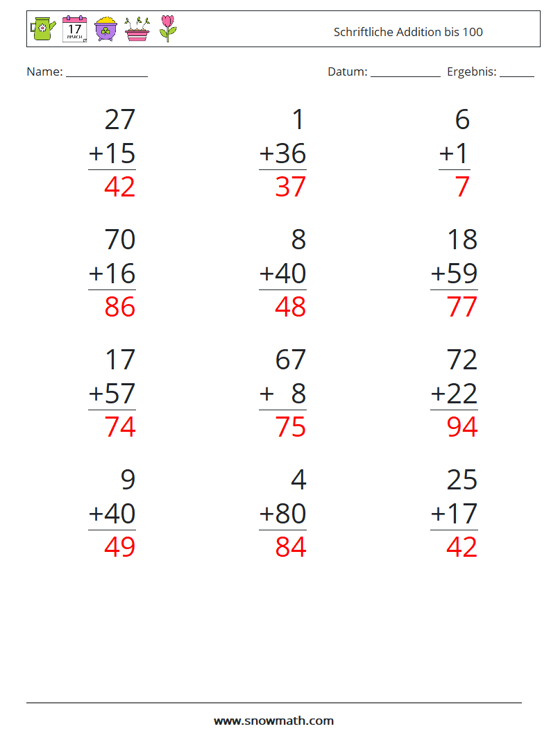 (12) Schriftliche Addition bis 100 Mathe-Arbeitsblätter 9 Frage, Antwort