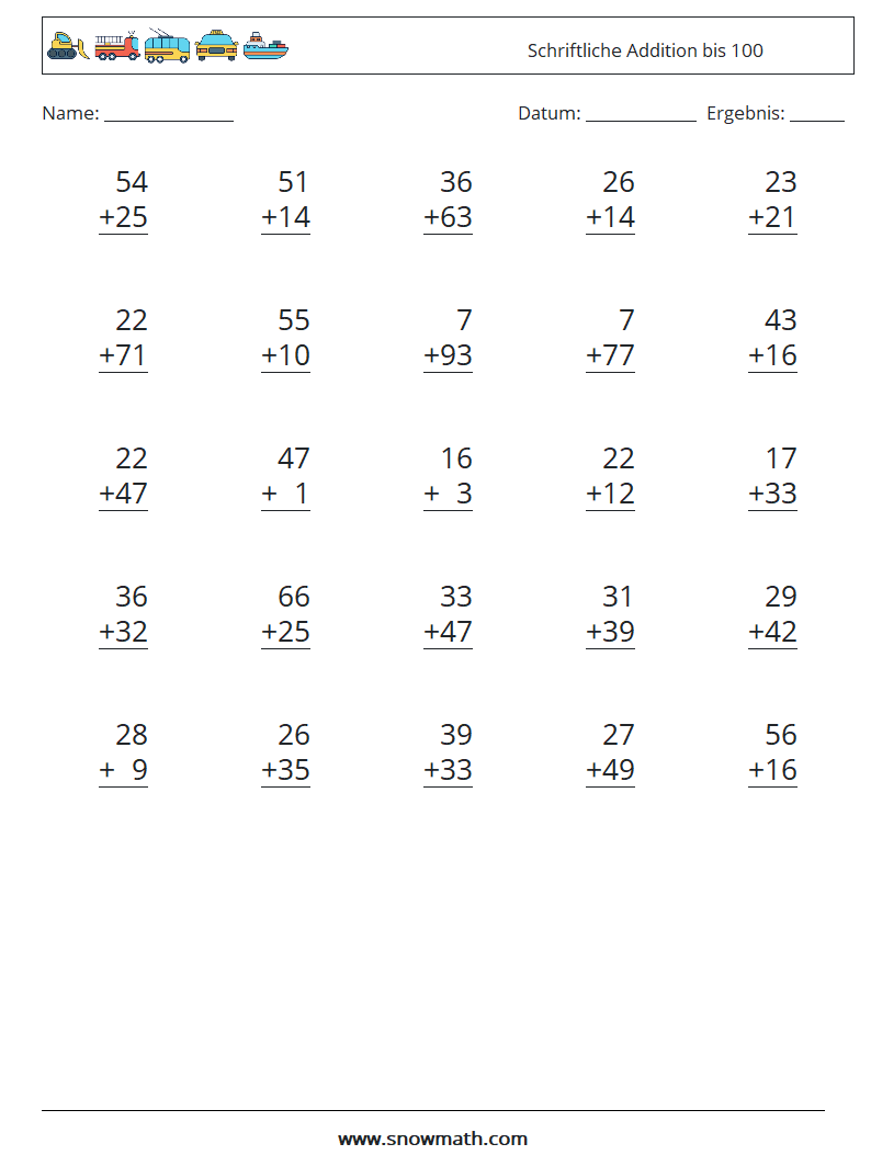 (25) Schriftliche Addition bis 100 Mathe-Arbeitsblätter 1