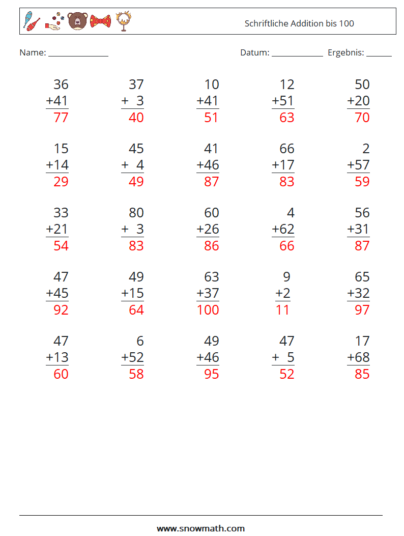 (25) Schriftliche Addition bis 100 Mathe-Arbeitsblätter 14 Frage, Antwort