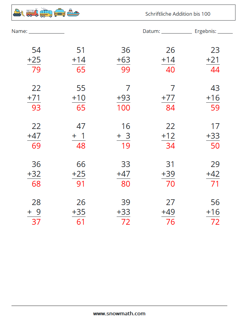 (25) Schriftliche Addition bis 100 Mathe-Arbeitsblätter 1 Frage, Antwort