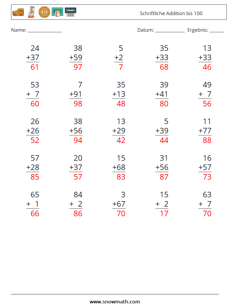 (25) Schriftliche Addition bis 100 Mathe-Arbeitsblätter 2 Frage, Antwort