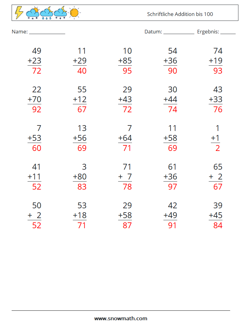 (25) Schriftliche Addition bis 100 Mathe-Arbeitsblätter 8 Frage, Antwort