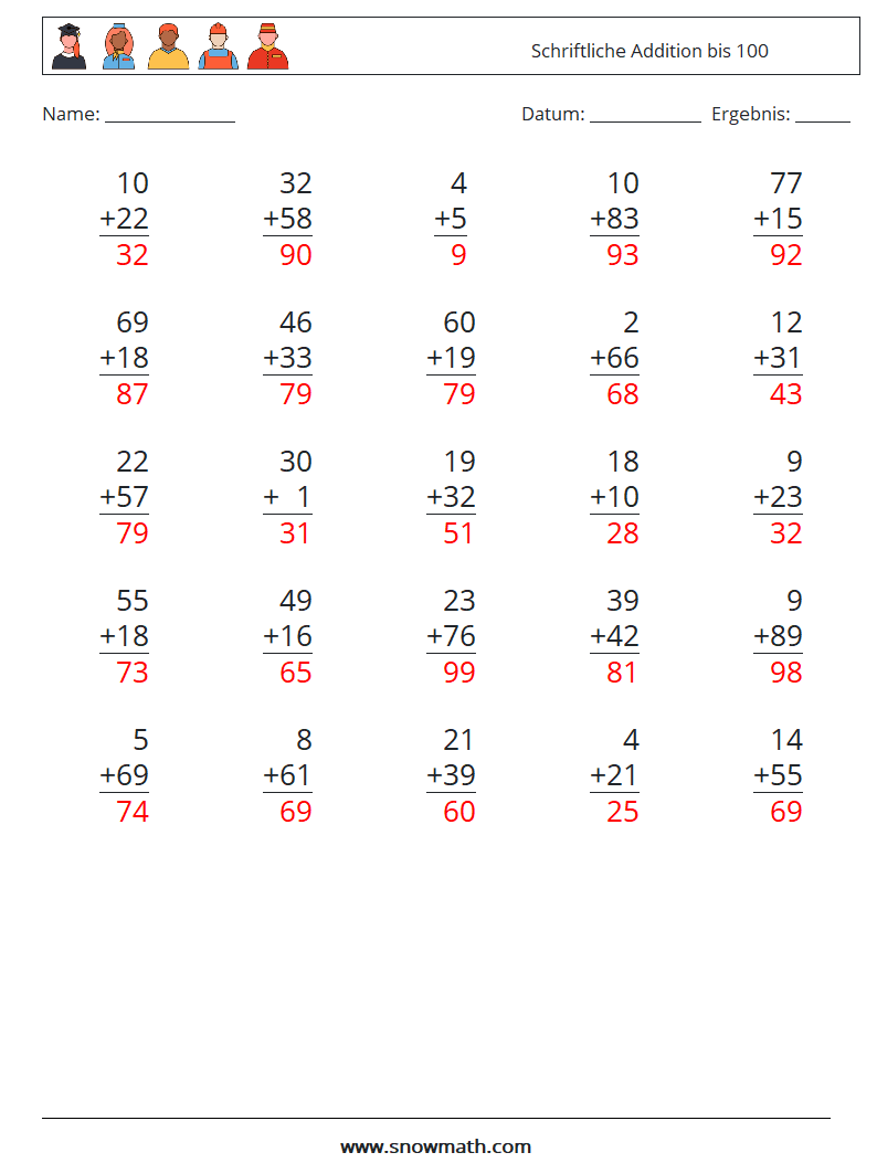 (25) Schriftliche Addition bis 100 Mathe-Arbeitsblätter 9 Frage, Antwort