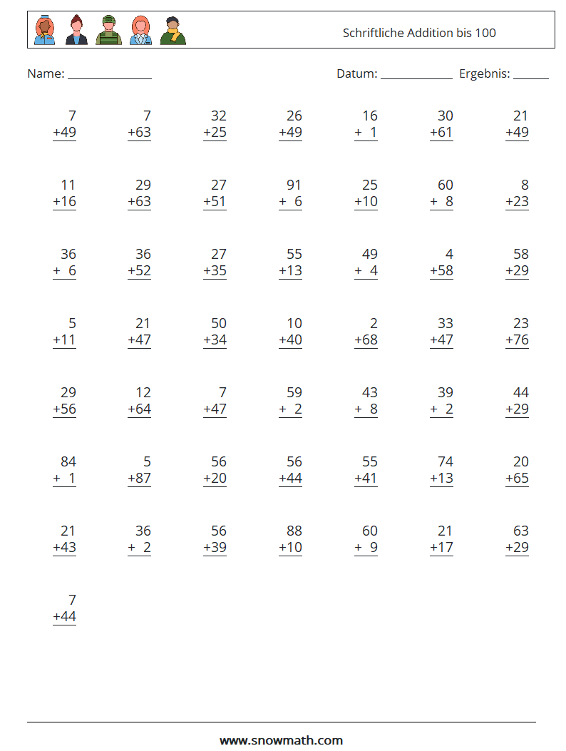 (50) Schriftliche Addition bis 100 Mathe-Arbeitsblätter 10