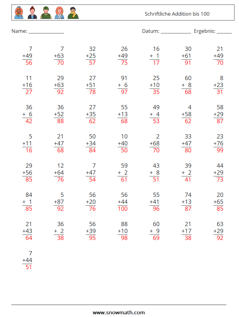 (50) Schriftliche Addition bis 100 Mathe-Arbeitsblätter 10 Frage, Antwort