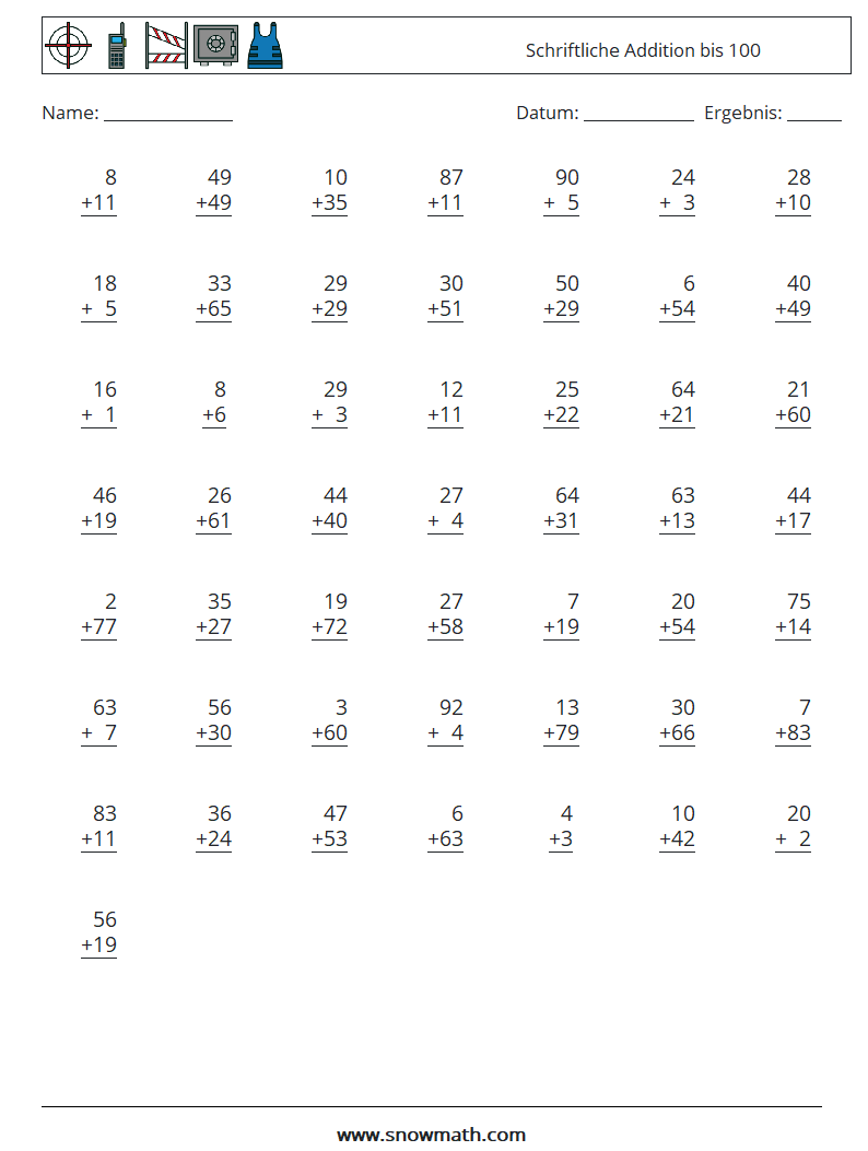 (50) Schriftliche Addition bis 100 Mathe-Arbeitsblätter 11