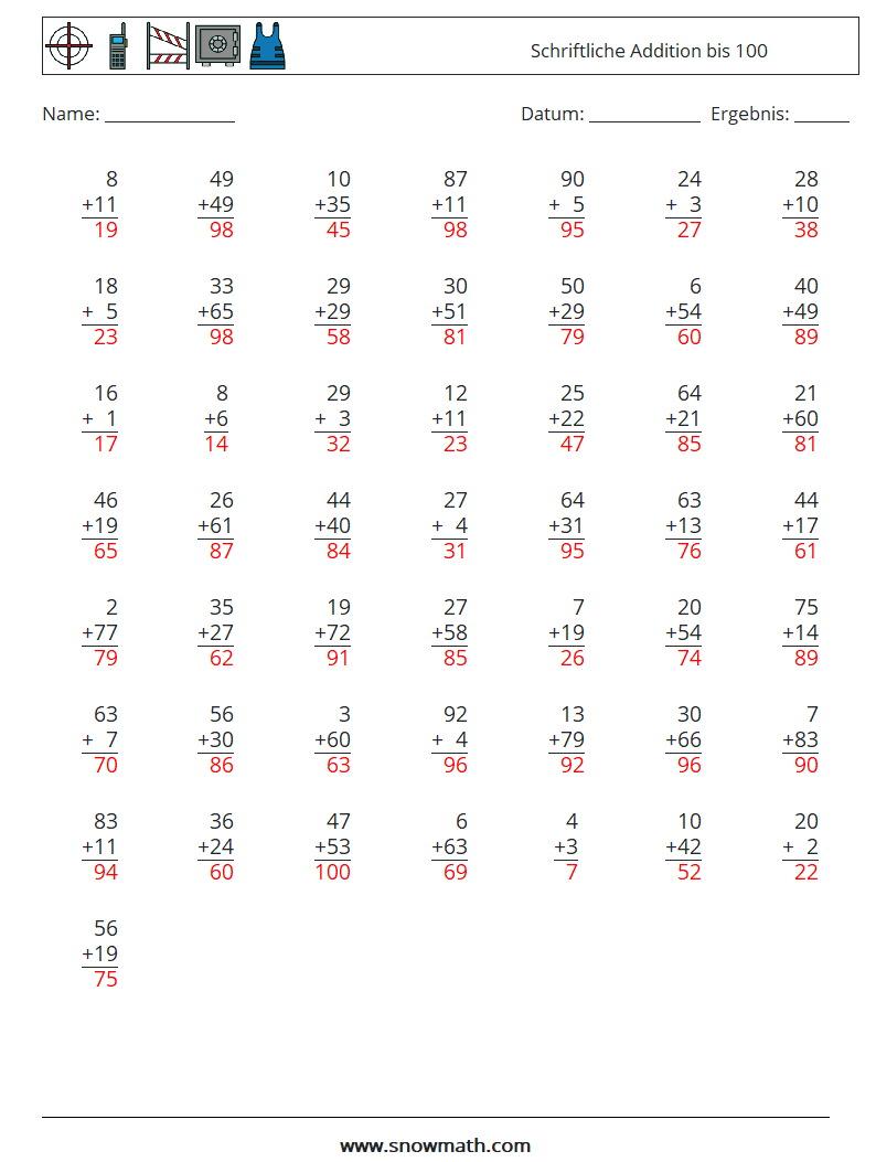 (50) Schriftliche Addition bis 100 Mathe-Arbeitsblätter 11 Frage, Antwort