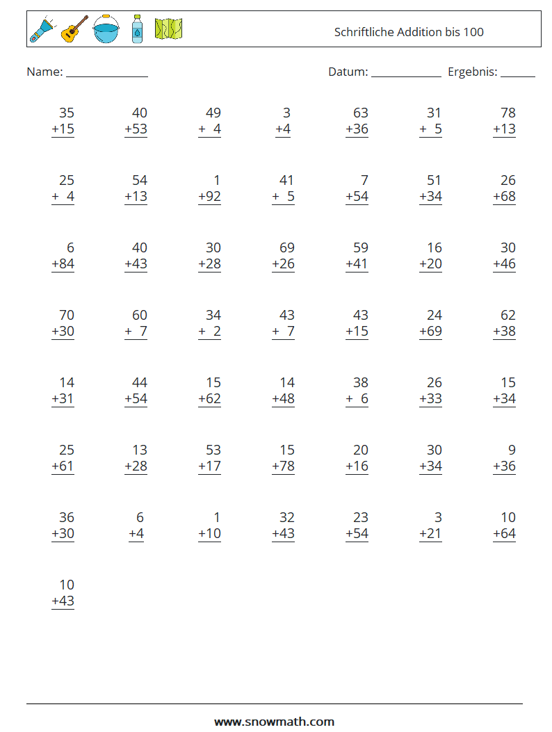 (50) Schriftliche Addition bis 100 Mathe-Arbeitsblätter 12
