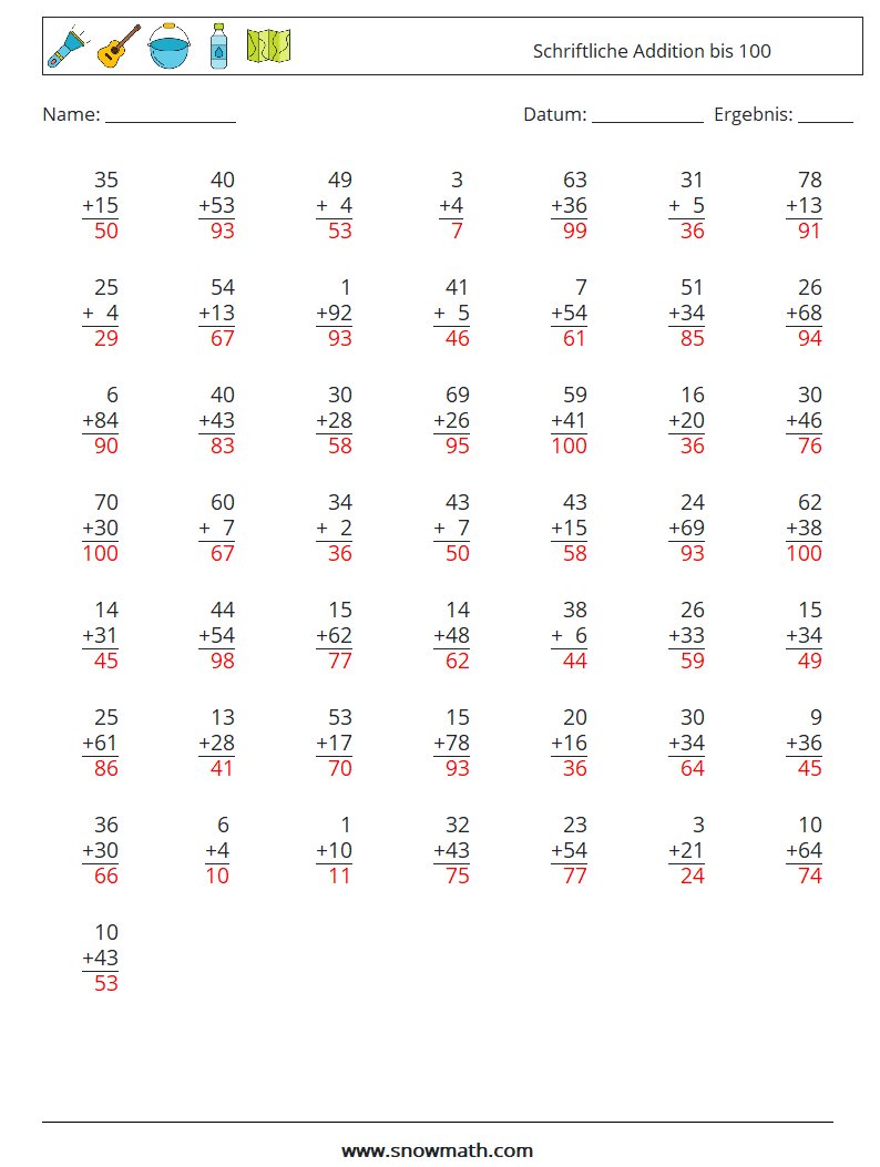 (50) Schriftliche Addition bis 100 Mathe-Arbeitsblätter 12 Frage, Antwort