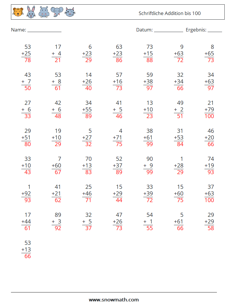 (50) Schriftliche Addition bis 100 Mathe-Arbeitsblätter 13 Frage, Antwort