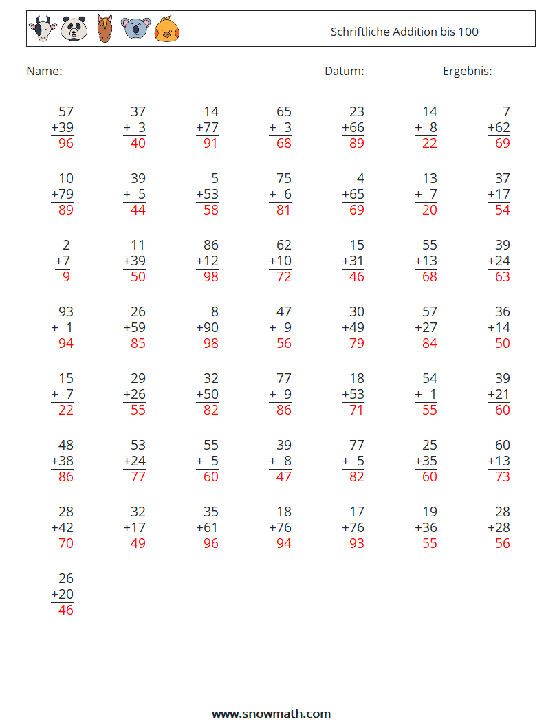 (50) Schriftliche Addition bis 100 Mathe-Arbeitsblätter 14 Frage, Antwort