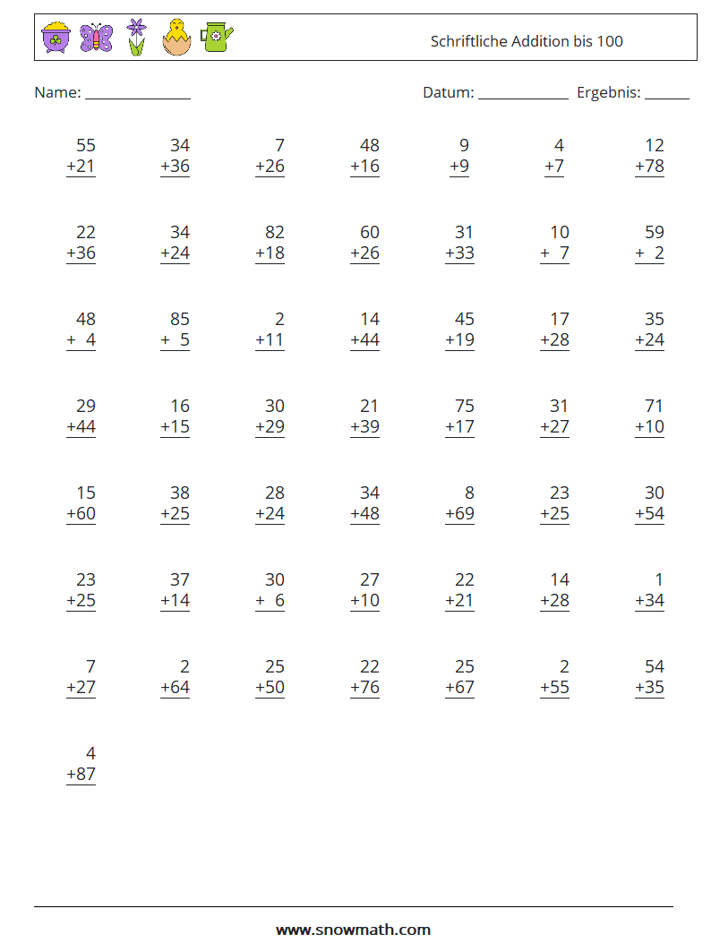 (50) Schriftliche Addition bis 100 Mathe-Arbeitsblätter 15
