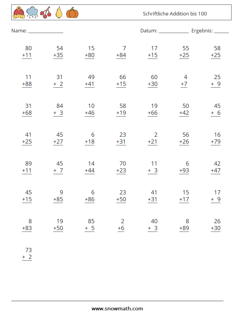 (50) Schriftliche Addition bis 100 Mathe-Arbeitsblätter 16