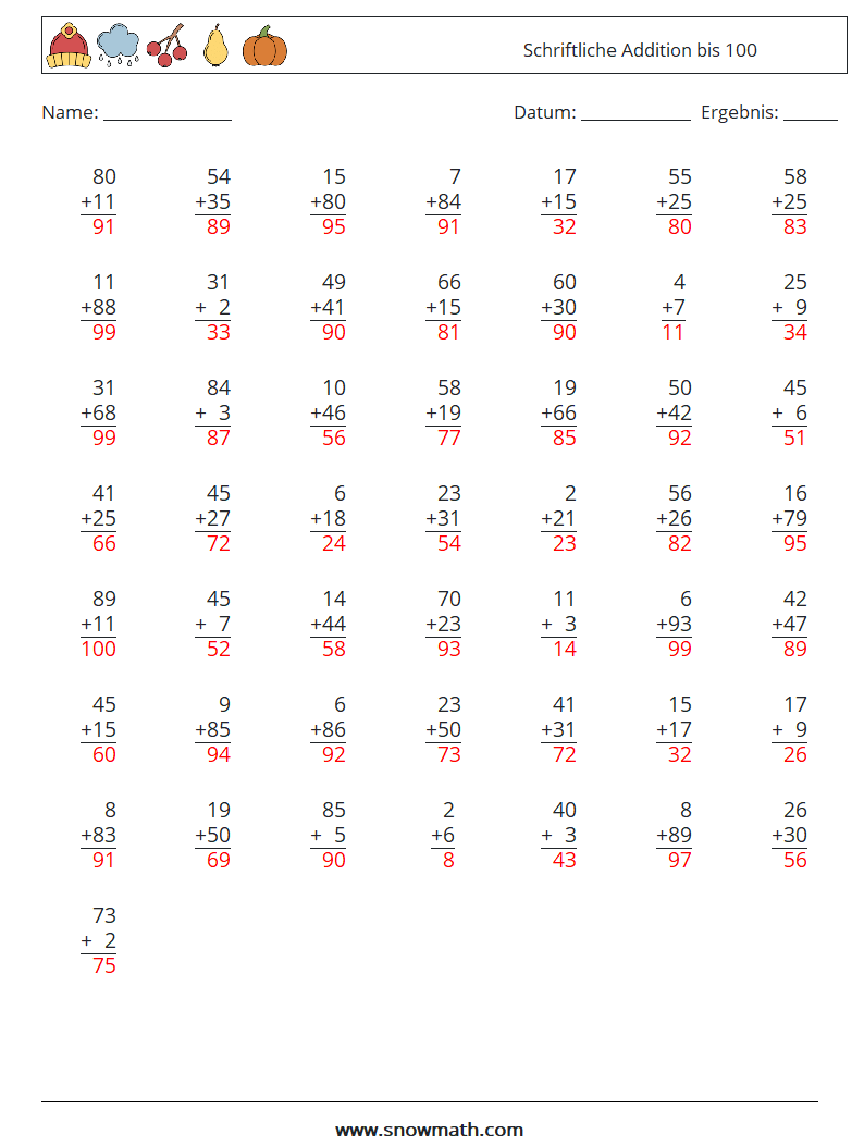 (50) Schriftliche Addition bis 100 Mathe-Arbeitsblätter 16 Frage, Antwort