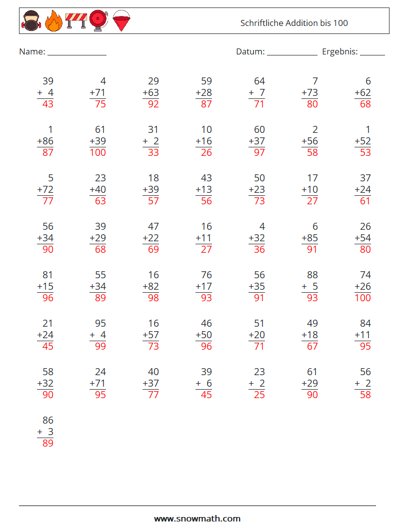 (50) Schriftliche Addition bis 100 Mathe-Arbeitsblätter 18 Frage, Antwort